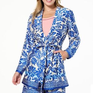 G by Giuliana Black Label Woven Elongated Blazer Blue/White Large New in pkg